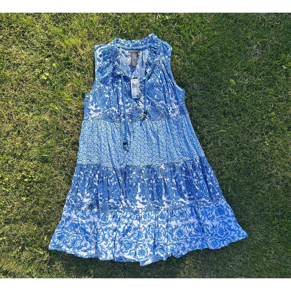 Chelsea & Theodore Tiered Ruffle Midi Dress Boho Floral White Blue Small NWT